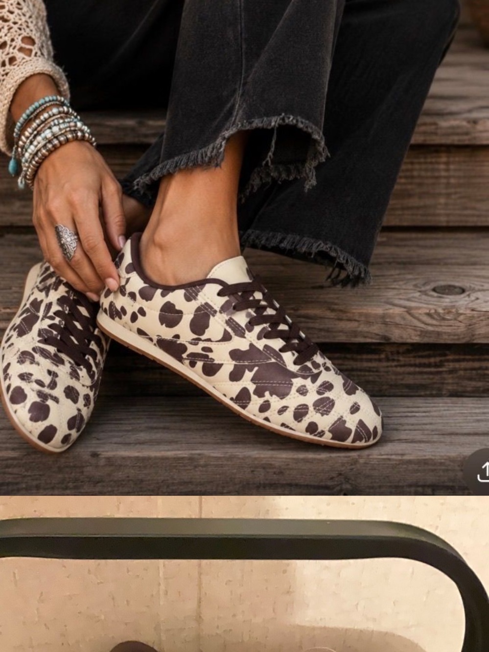 La Sheelah Women's Casual Cow Print Lace-Up Sneakers - Cream and Brown size 8